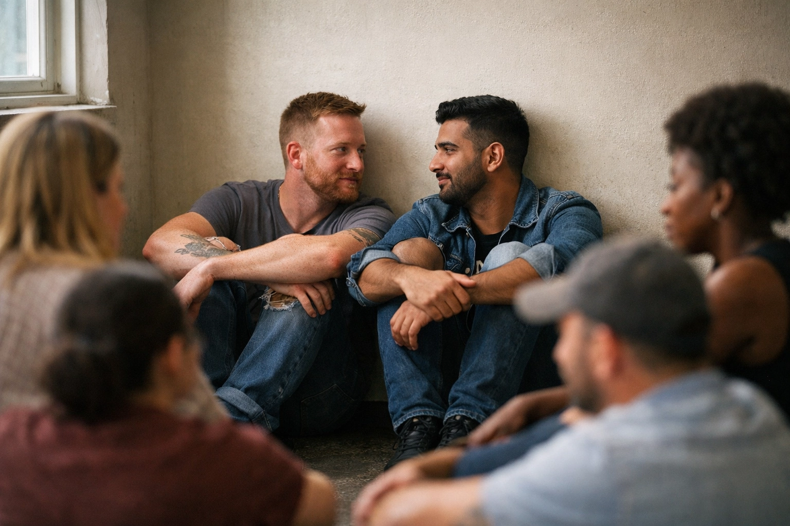 LGBTQ+ support group meeting with chosen family - gay romance community and recovery themes