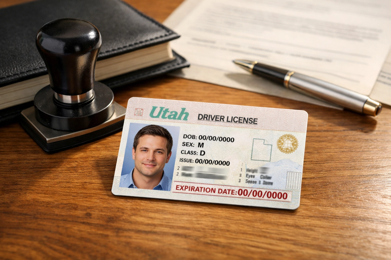 Utah driver's license with notary stamp and journal showing acceptable ID for notarization