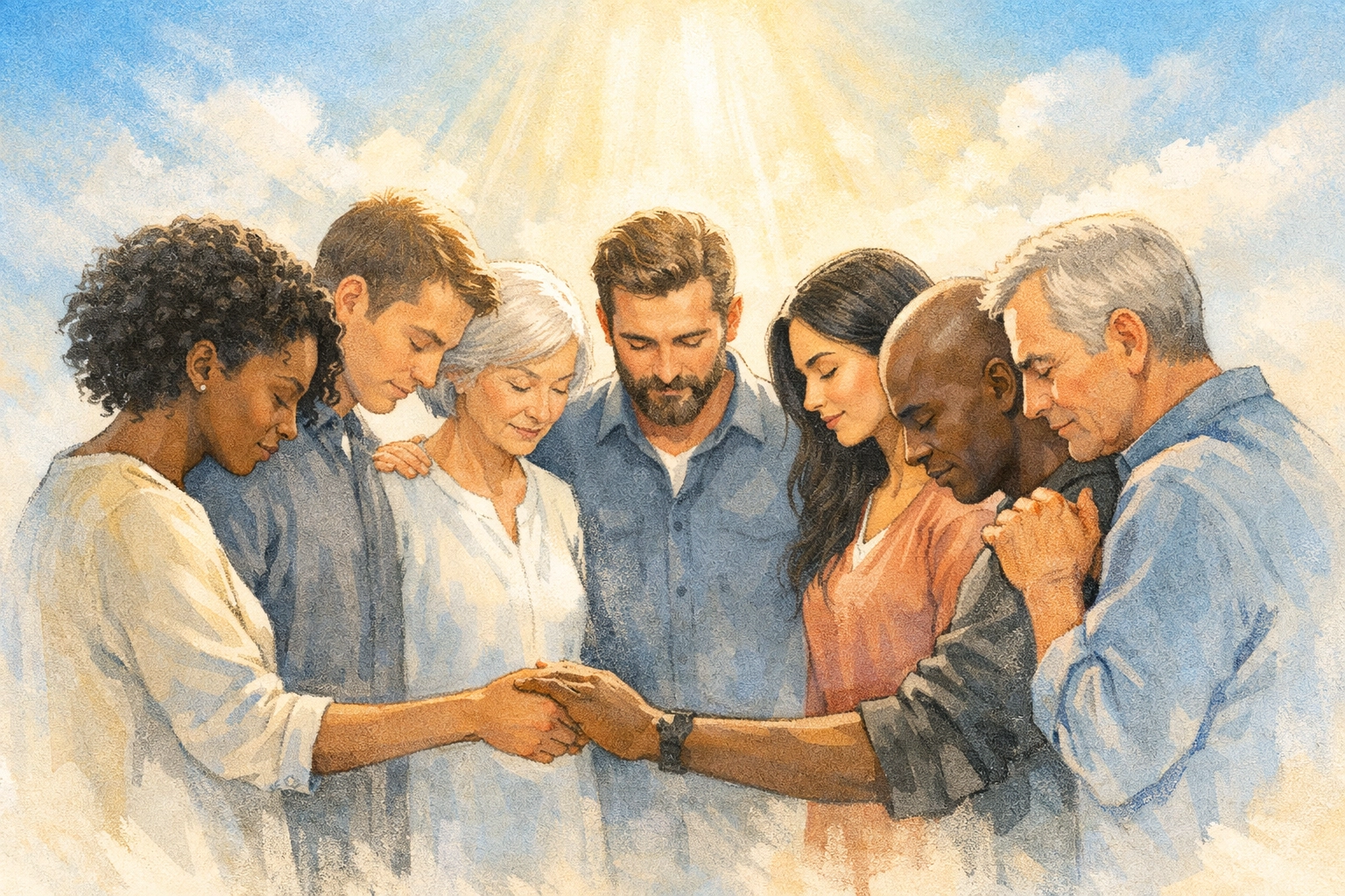 FA Memphis, First Assembly Memphis, Boundless Online Church, Memphis TN, 901, Cordova - Life Group members joined in a prayer circle showing unity and spiritual community © FA Memphis