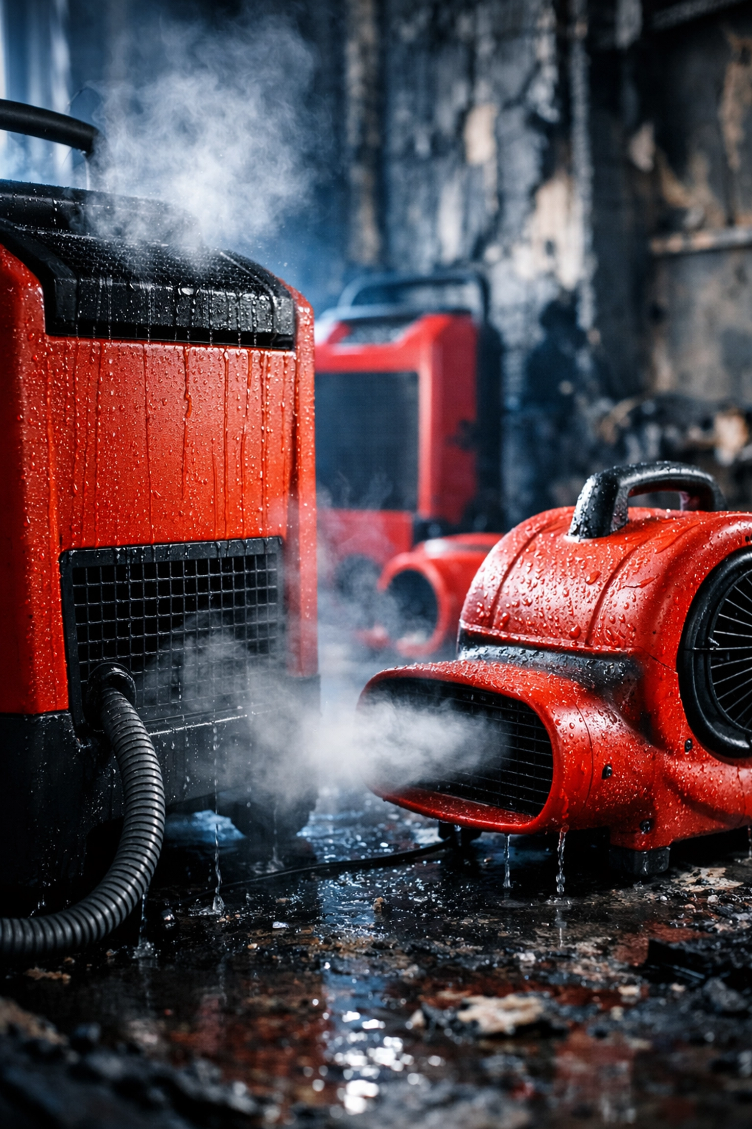Industrial dehumidifiers and equipment used for fire damage restoration and water removal