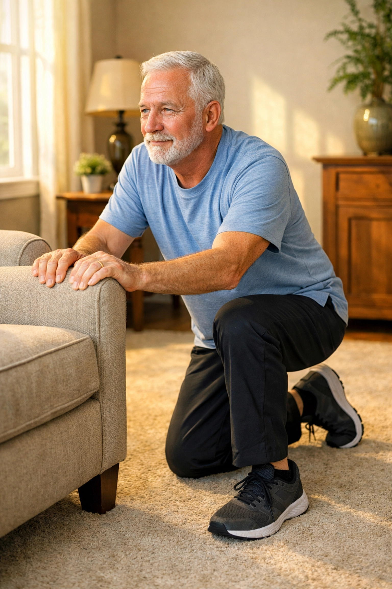 Senior man in half-kneeling position using chair for support to stand up after a fall