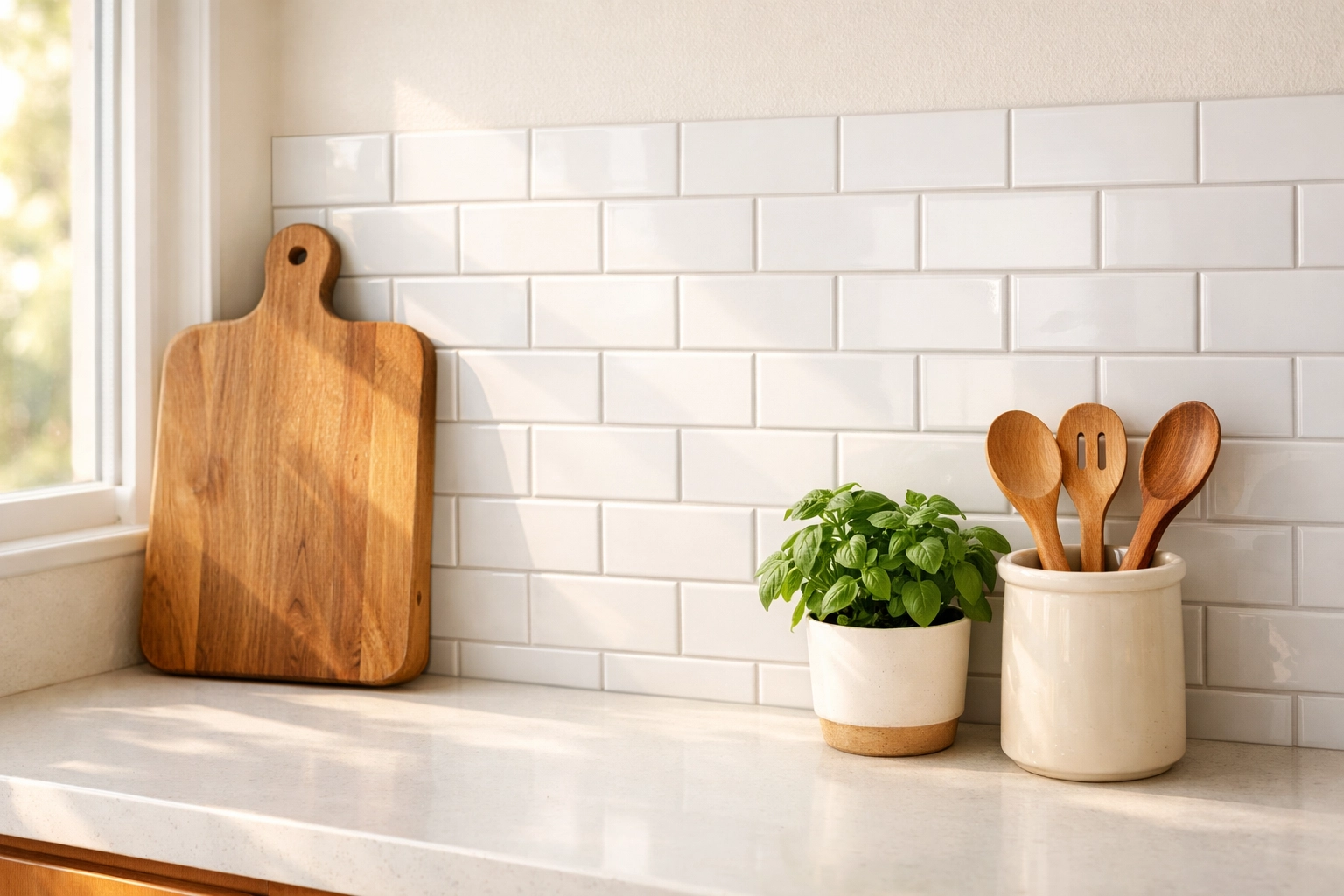 White subway peel-and-stick tiles installed on rental kitchen backsplash with herbs and cutting board