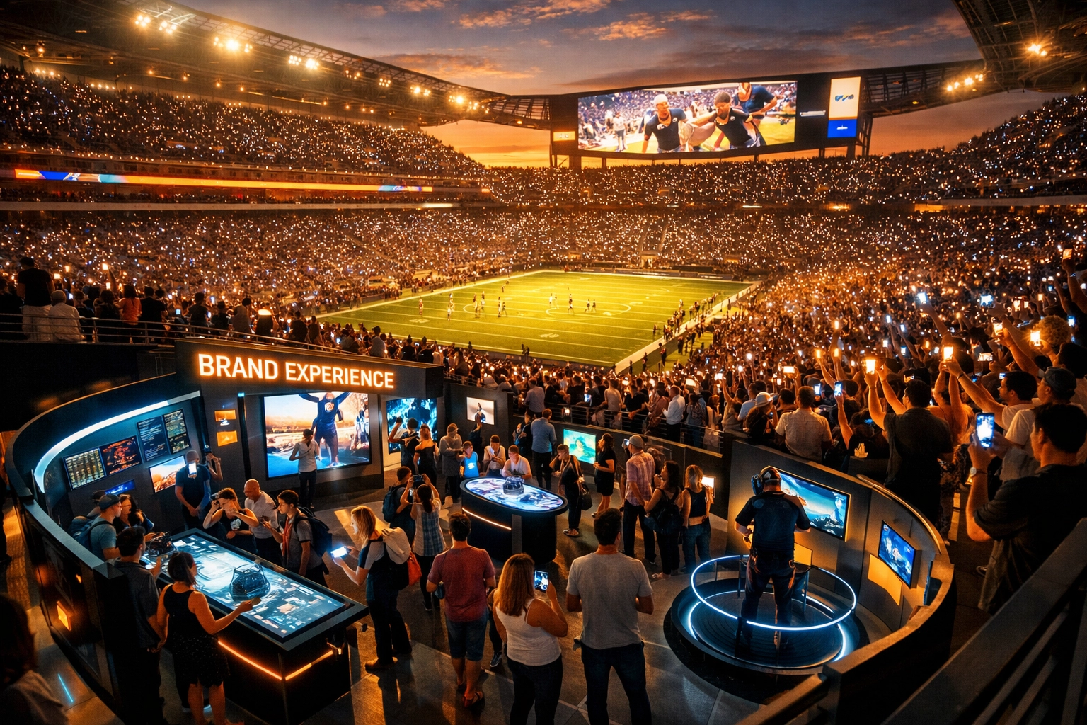Stadium activation zone with engaged fans and digital displays at major sporting event