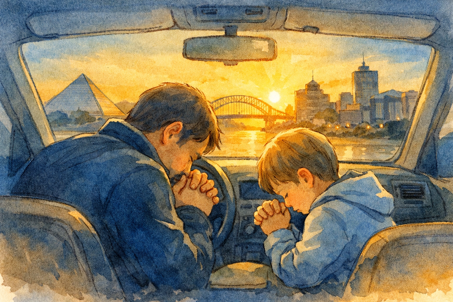 Parent and child praying together in car during morning commute in Memphis