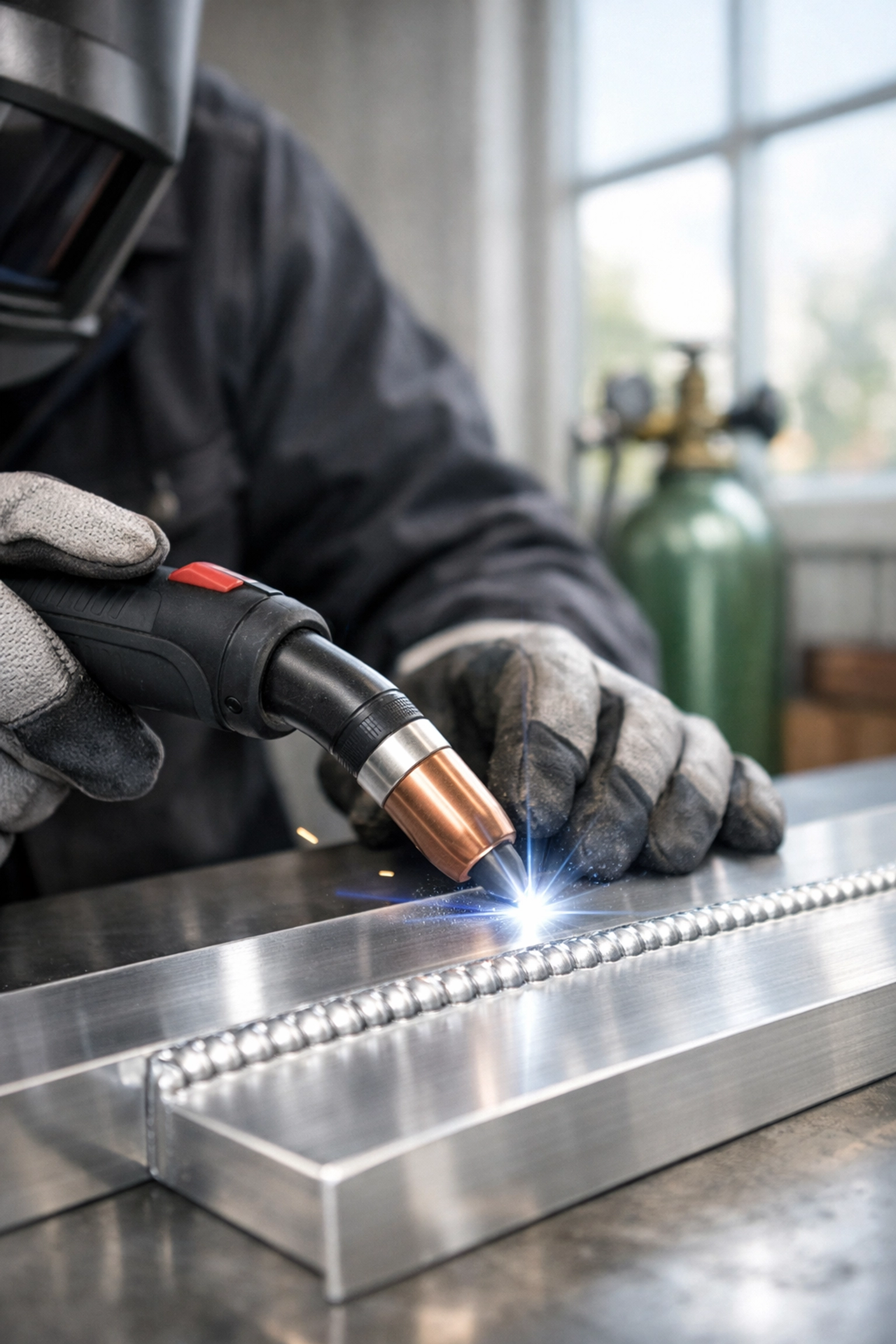 Precision MIG welding on aluminum using pure Argon gas for a clean, professional finish.