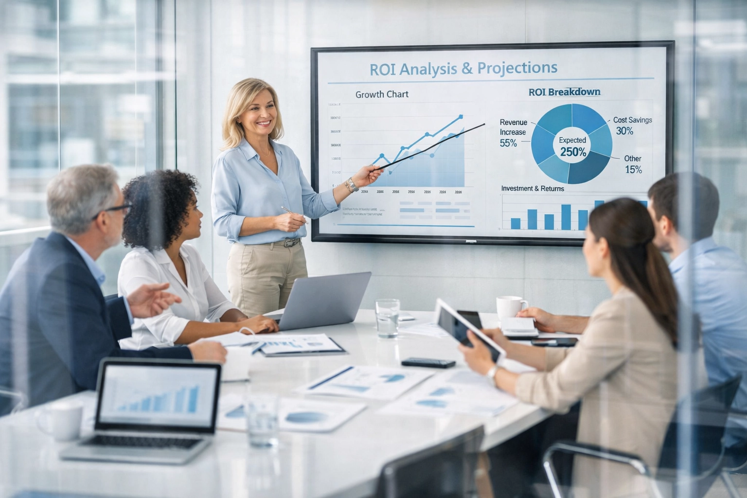 Business team reviewing ServiceNow ROI projections and cost optimization strategies