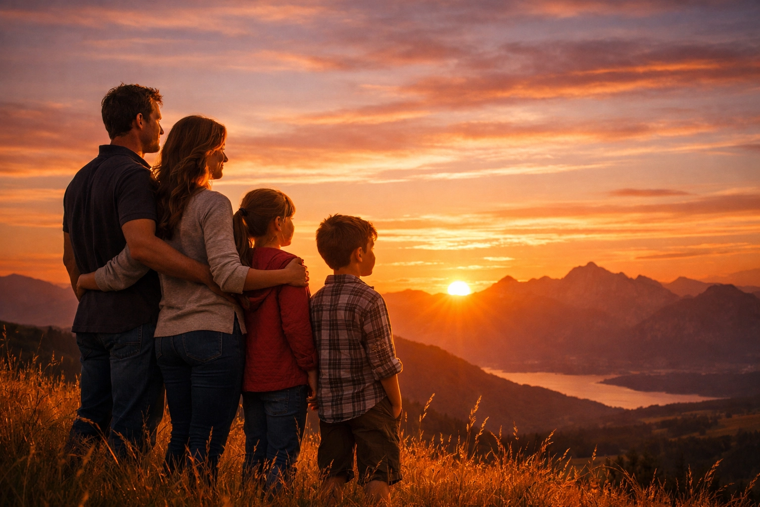 A Christian family watching a sunset over mountains, looking forward to the Return of the King.