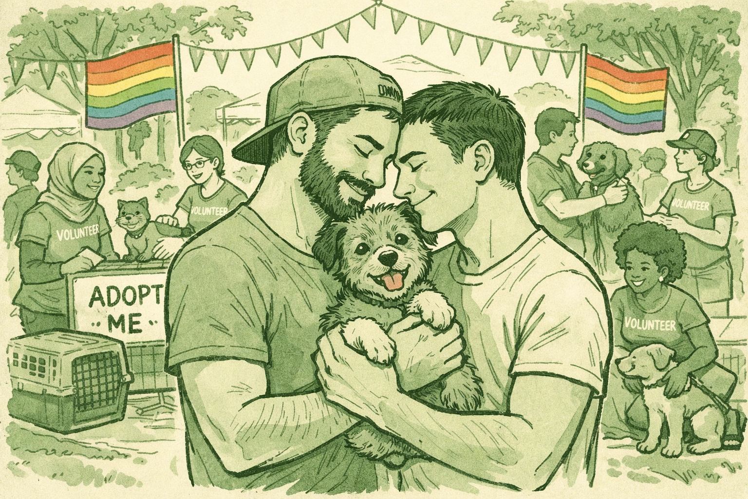 LGBTQ+ volunteers at pride adoption event with rescue animals