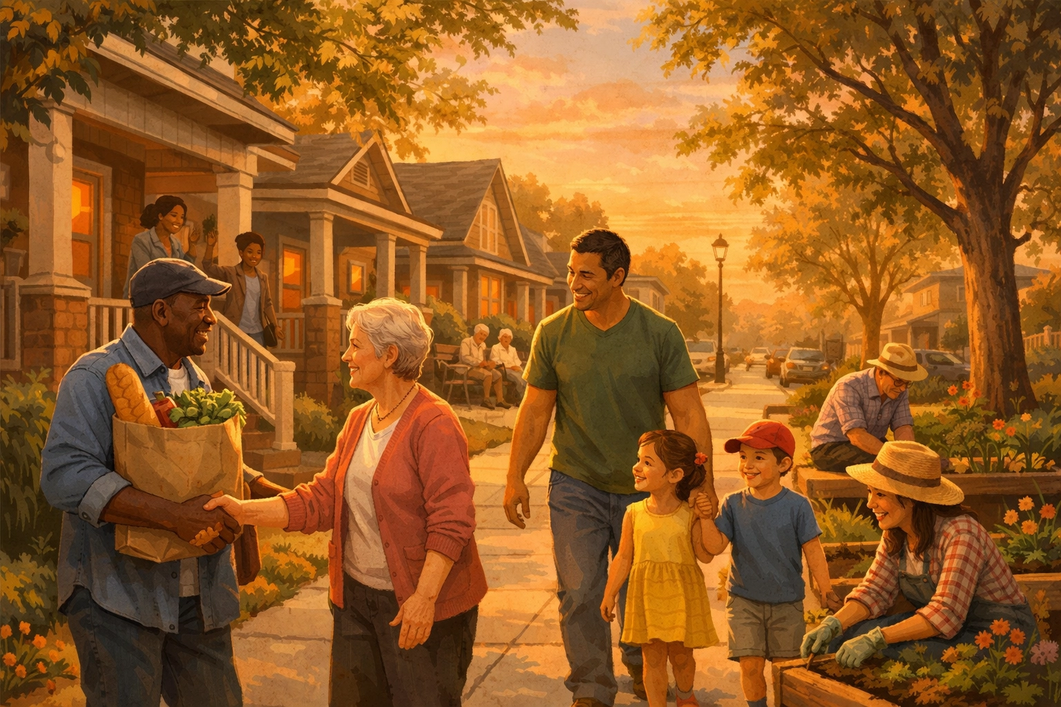 Diverse neighbors greeting each other warmly in welcoming community neighborhood