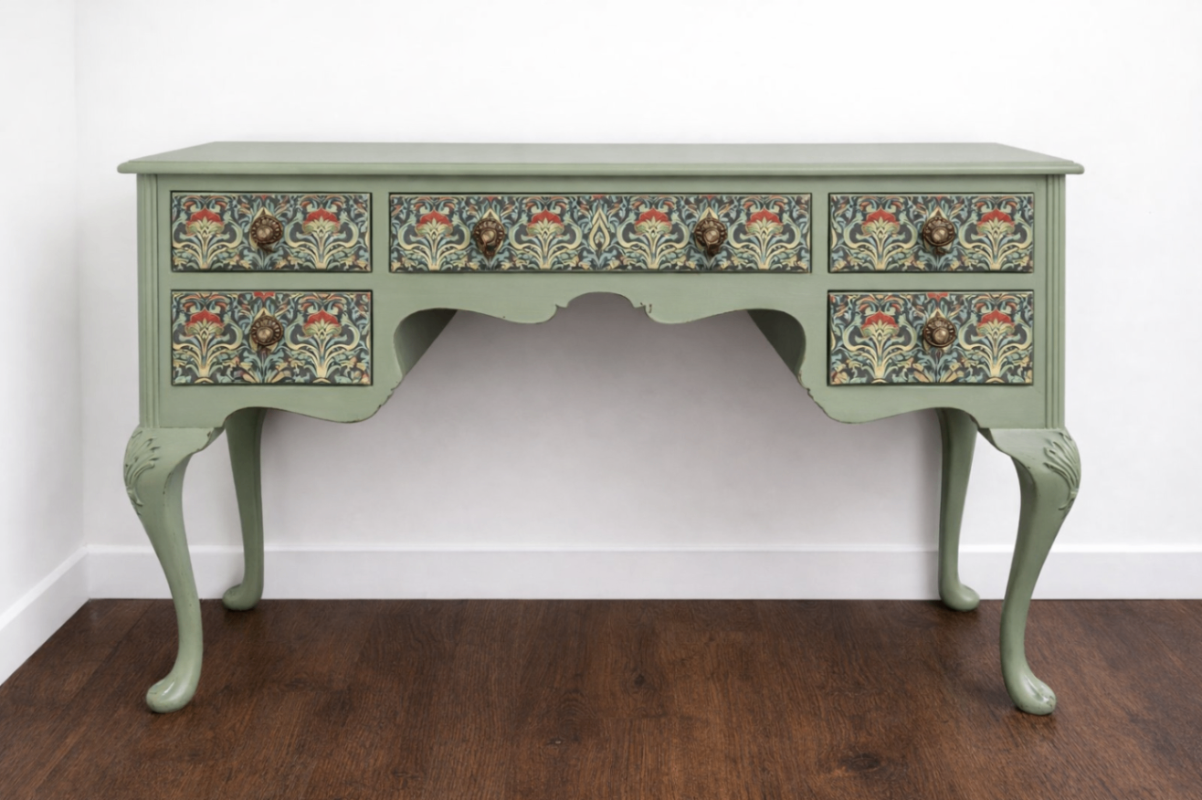 Vintage console table with sage green spray finish