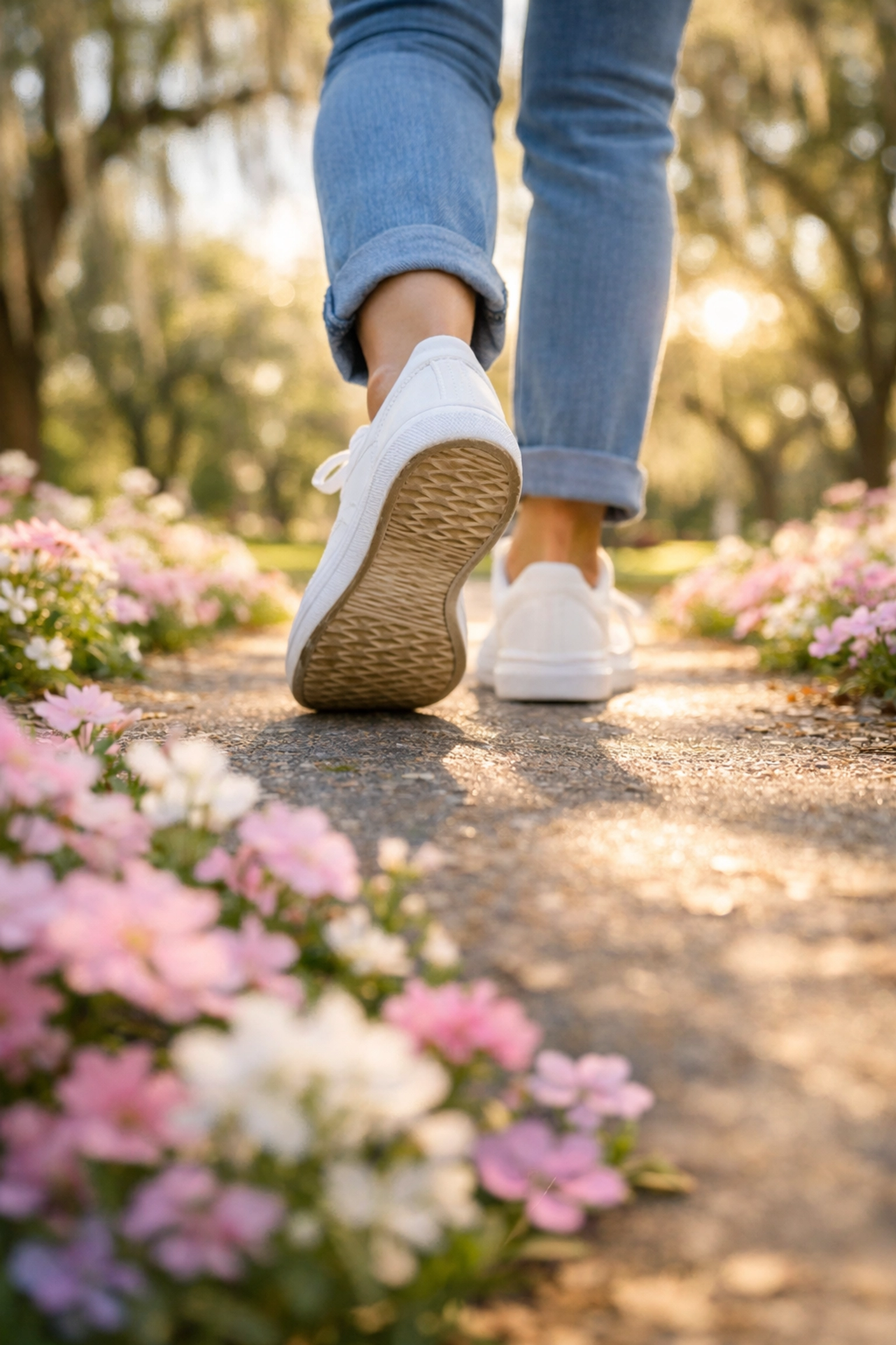 Someone walking a flowery path in a Georgia park, symbolizing the start of a mental health healing journey.