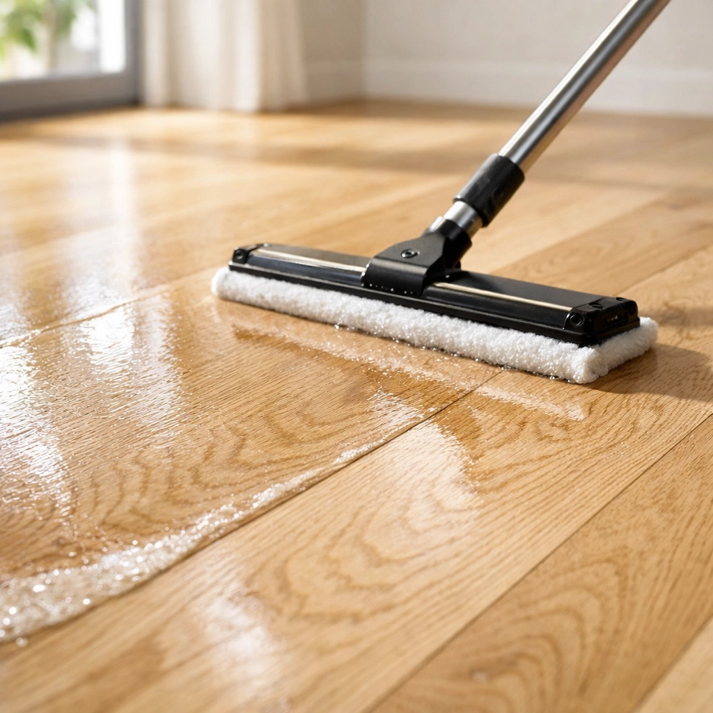 Applying a clear water-based finish to white oak hardwood floors to maintain a natural wood look.