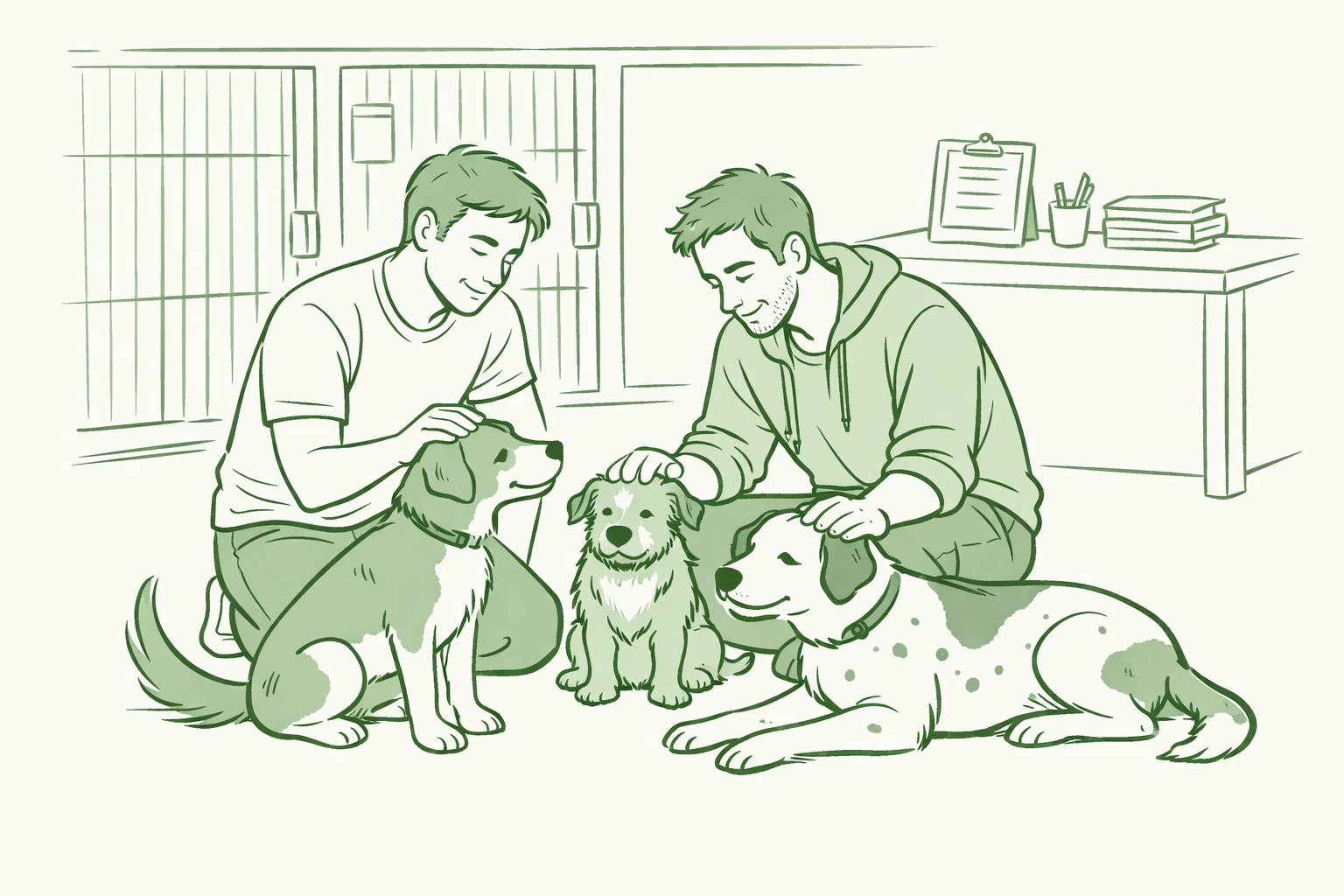 Two gay friends working with rescue mutts at their adoption center