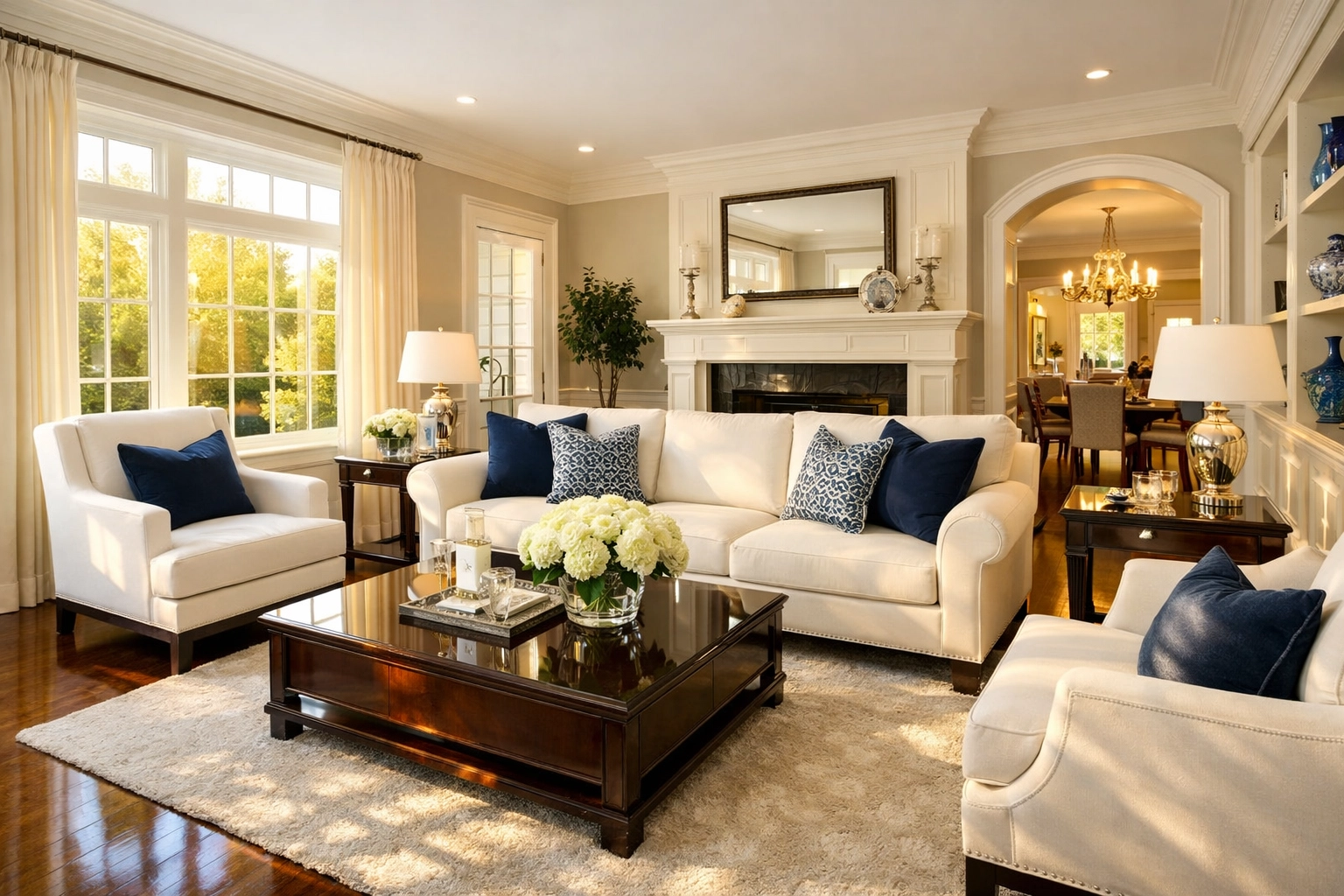 A pristine residential living room showcasing the results of professional deep cleaning in Ashby MA.