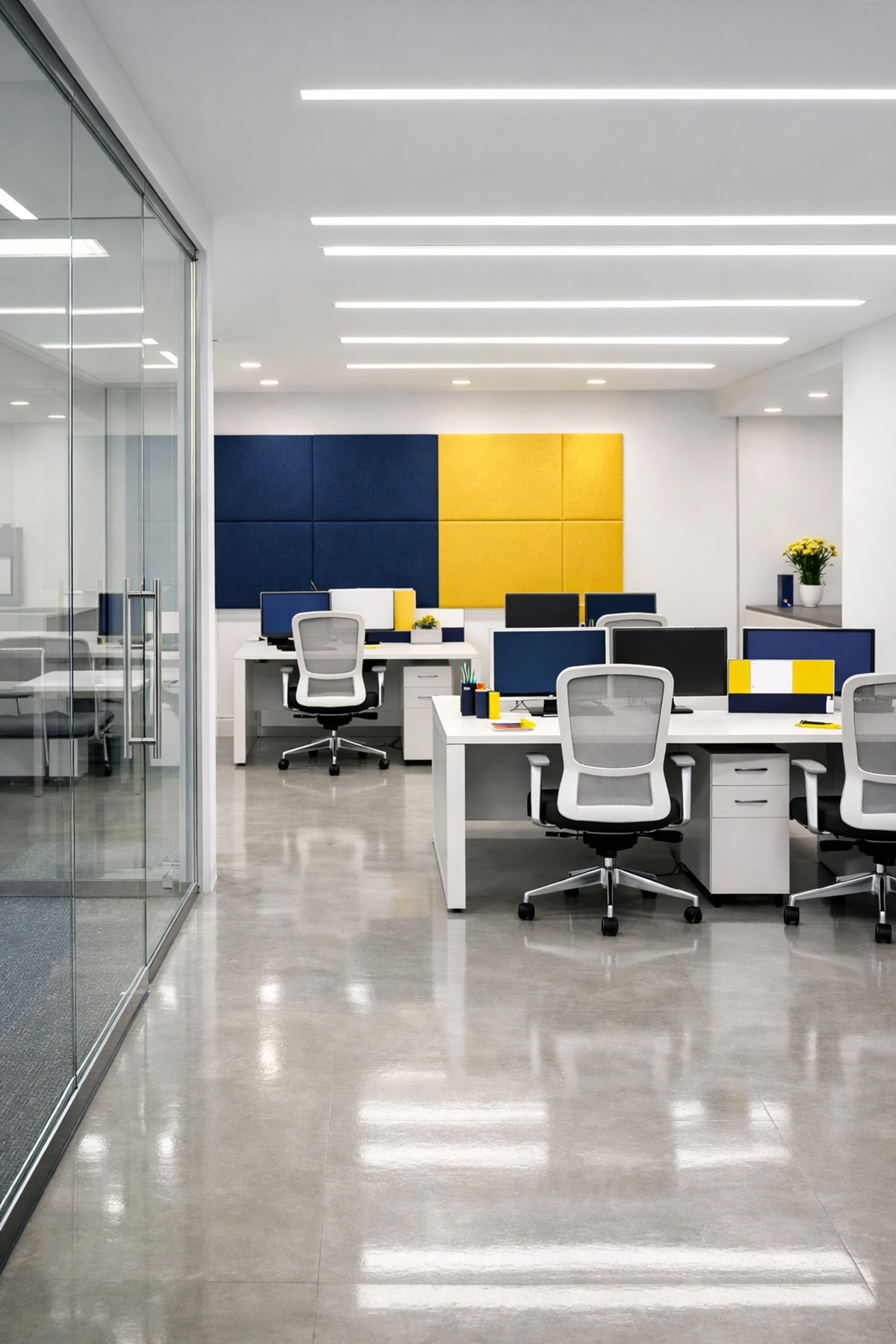 Modern Westford office with glass partitions showcasing expert commercial and residential cleaning in Westford.