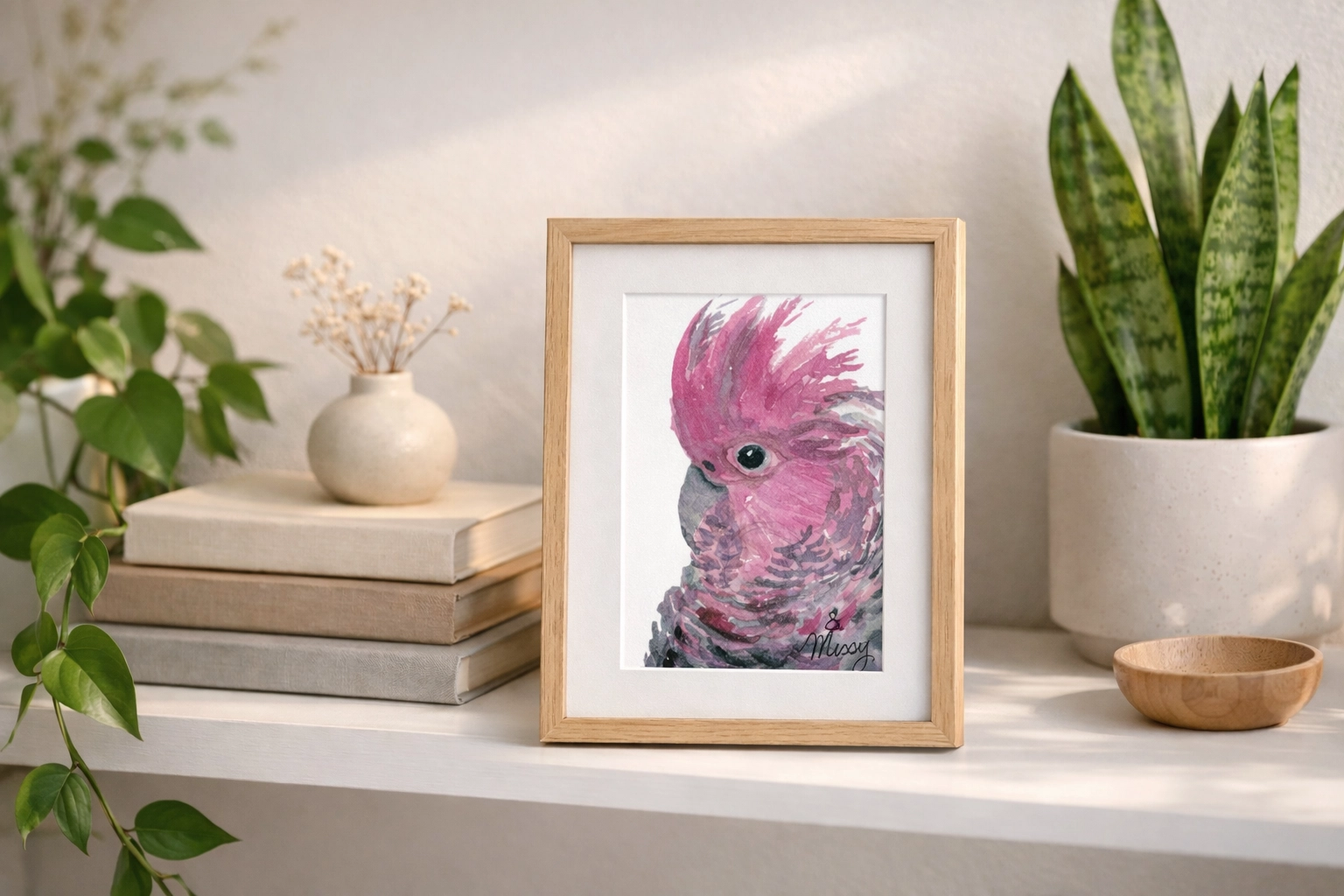 Lifestyle mockup featuring Missy’s original Major Mitchell’s Cockatoo watercolor print
