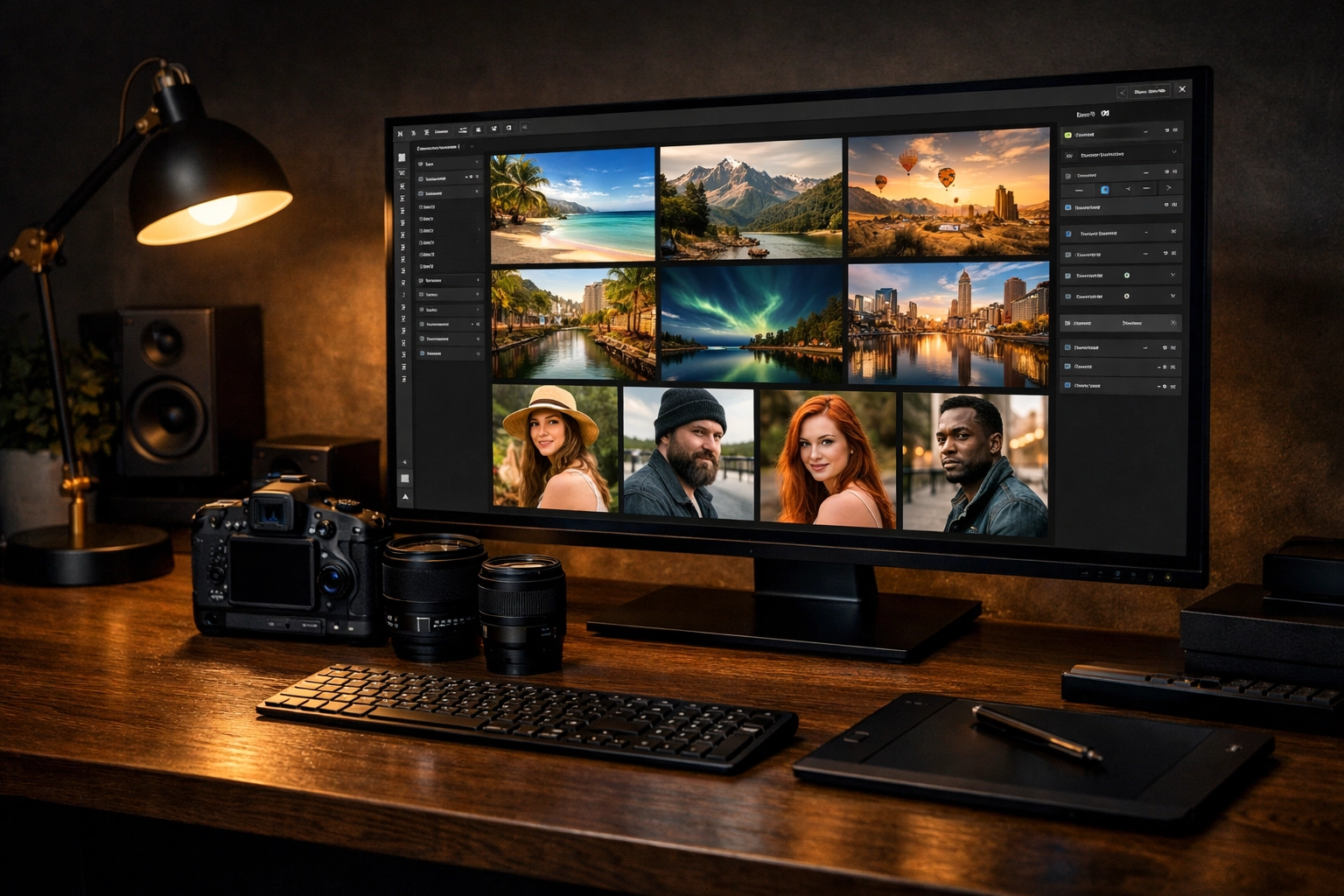 A professional photo editing workspace with high-end camera lenses and a digital portfolio gallery.
