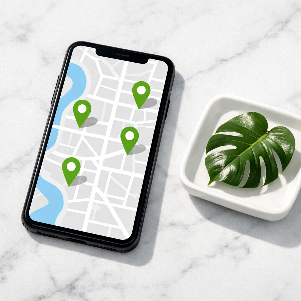 Smartphone showing green map markers for local SEO and small business search visibility on a marble desk.