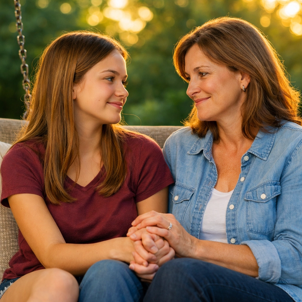 A mother and daughter sharing a supportive moment during family therapy at a therapeutic group home.