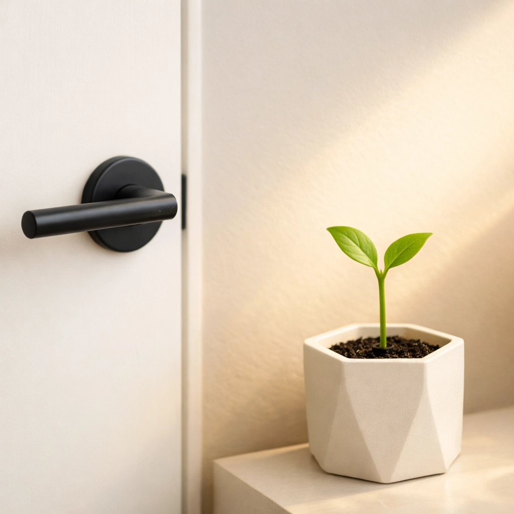 Spring plant and modern door representing a fresh start with a Spokane realtor.