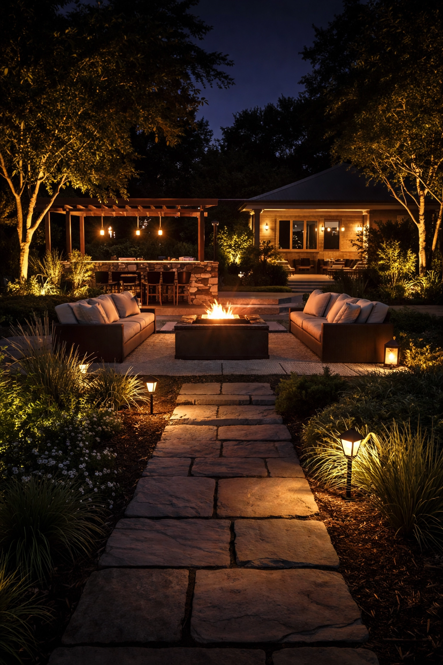 Beautifully lit outdoor entertaining space at night with pathway lights, cozy seating, bar area, and lush landscaping