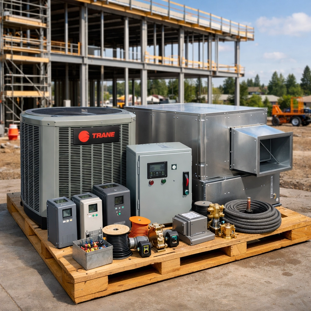 HVAC units and building materials at a WA construction site, showing property covered by installation floaters.