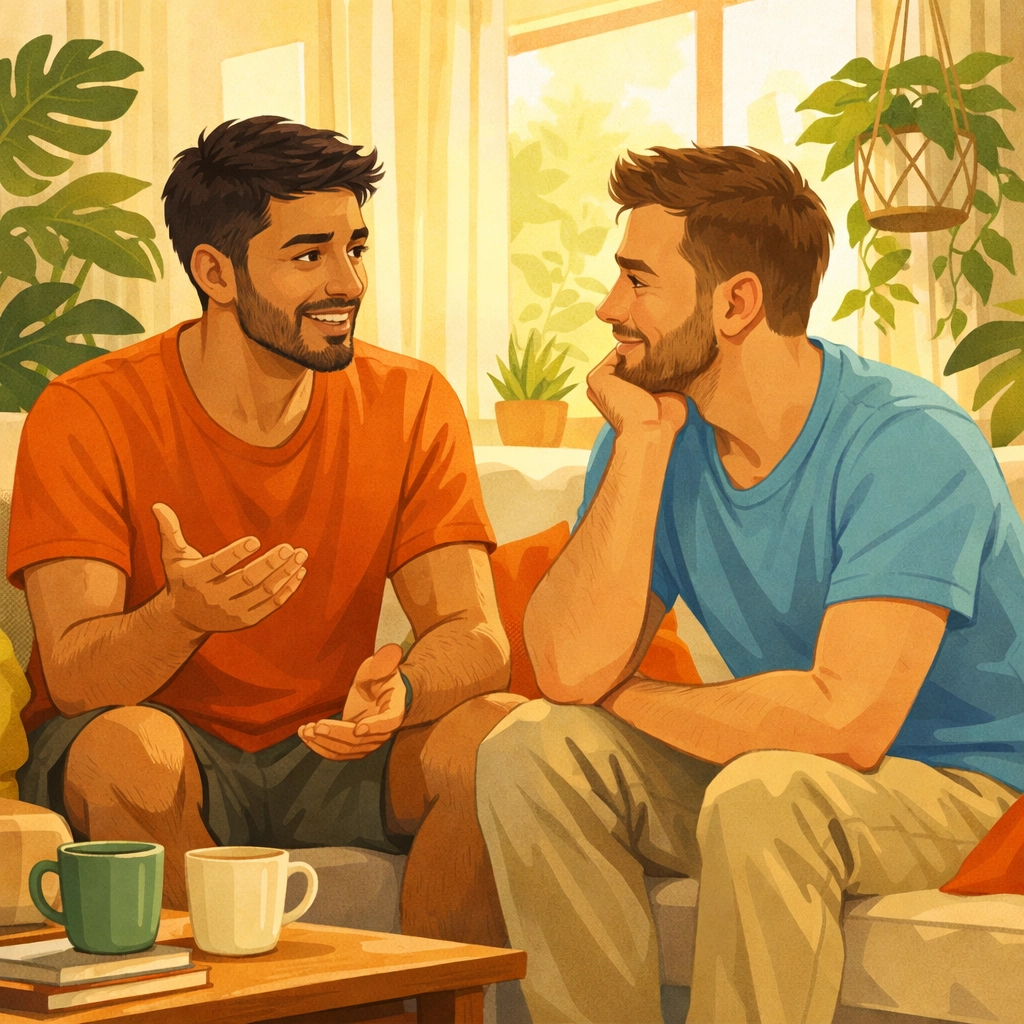 Two gay men having supportive conversation about mental health and relationships in comfortable home