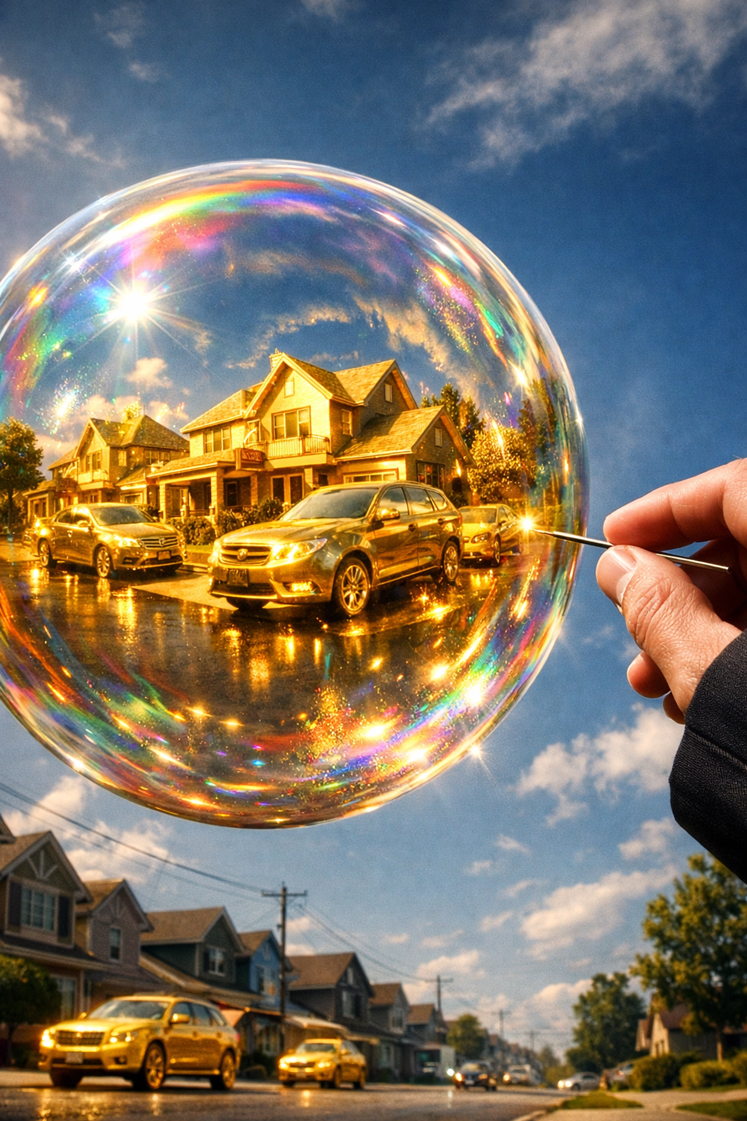A needle about to pop a golden asset bubble over a suburb, illustrating the Fed's inflation and interest rate dilemma.
