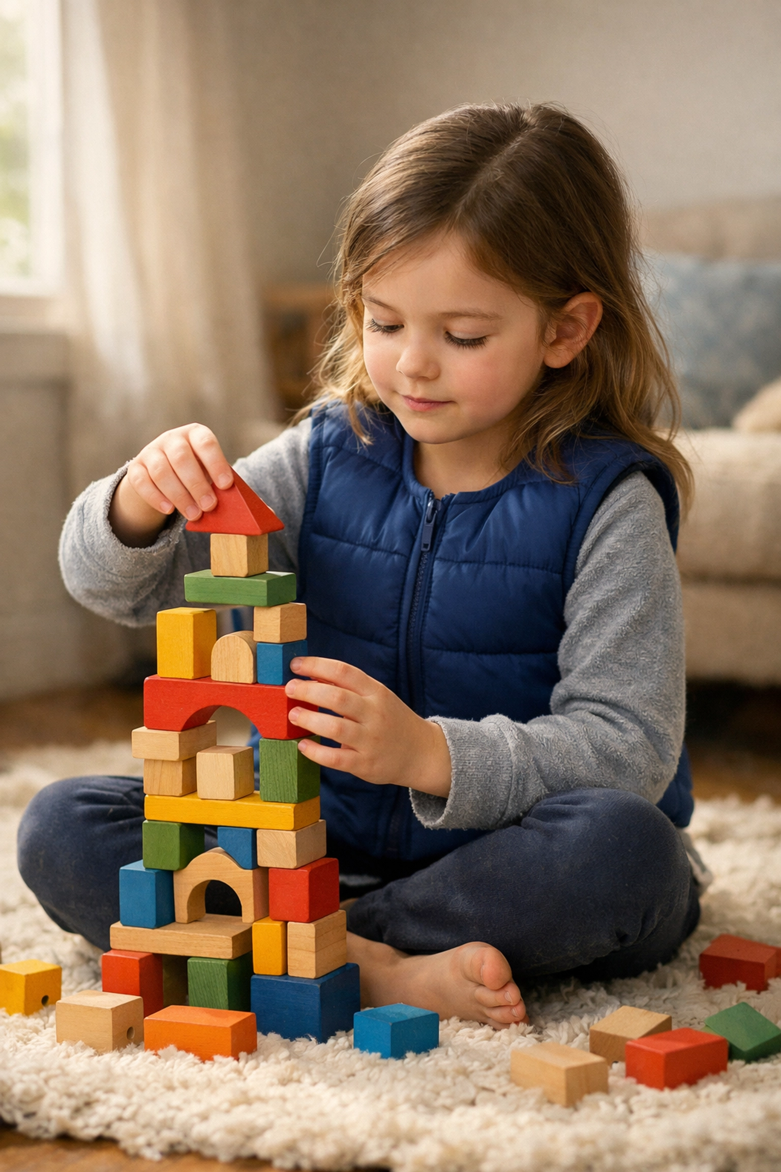 A calm child wearing a weighted vest for proprioceptive input to reduce sensory overload while playing.