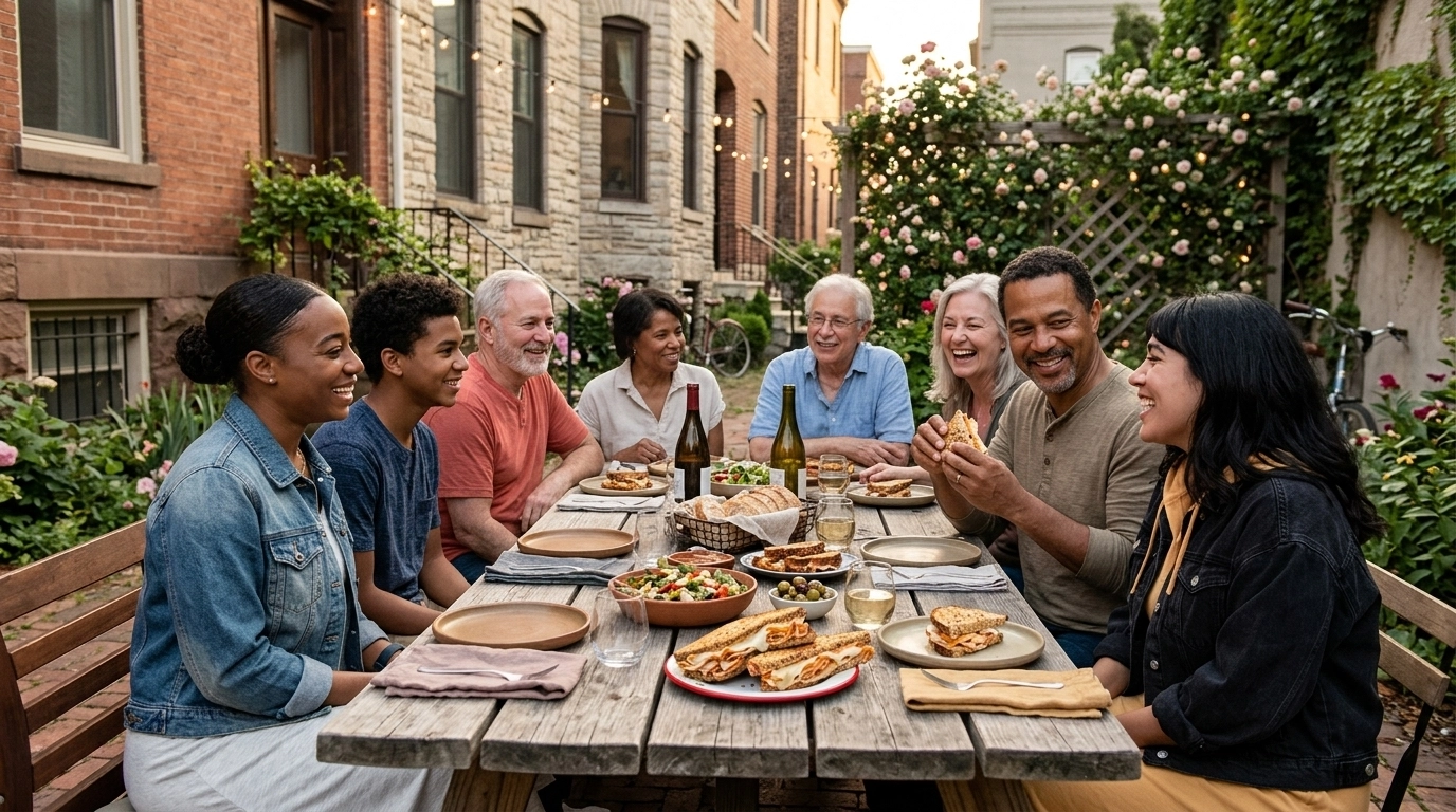 Neighbors gathered for a meal at an outdoor table in a historic neighborhood