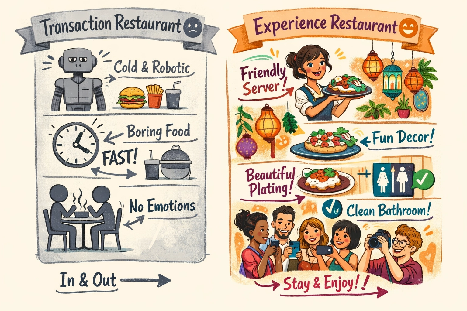 Comparison of transactional fast service versus personalized restaurant dining experience with character