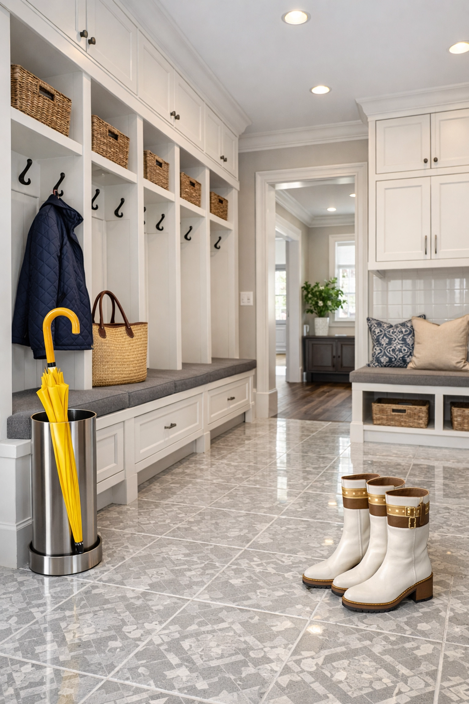 Clean tile floors in a luxury Winchester mudroom after a professional house cleaning service.