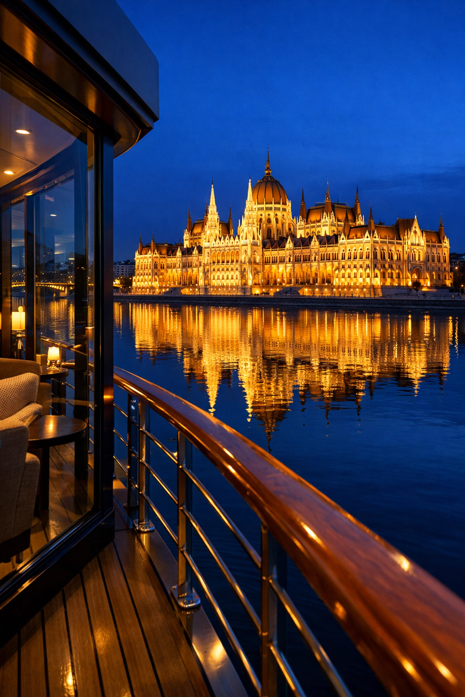 The illuminated Hungarian Parliament Building in Budapest seen from a luxury Danube river cruise.