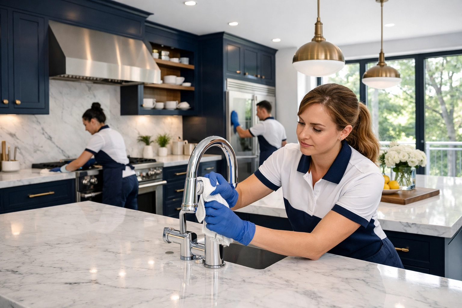 Professional cleaning services near me cleaning a high-end Massachusetts kitchen with white marble.