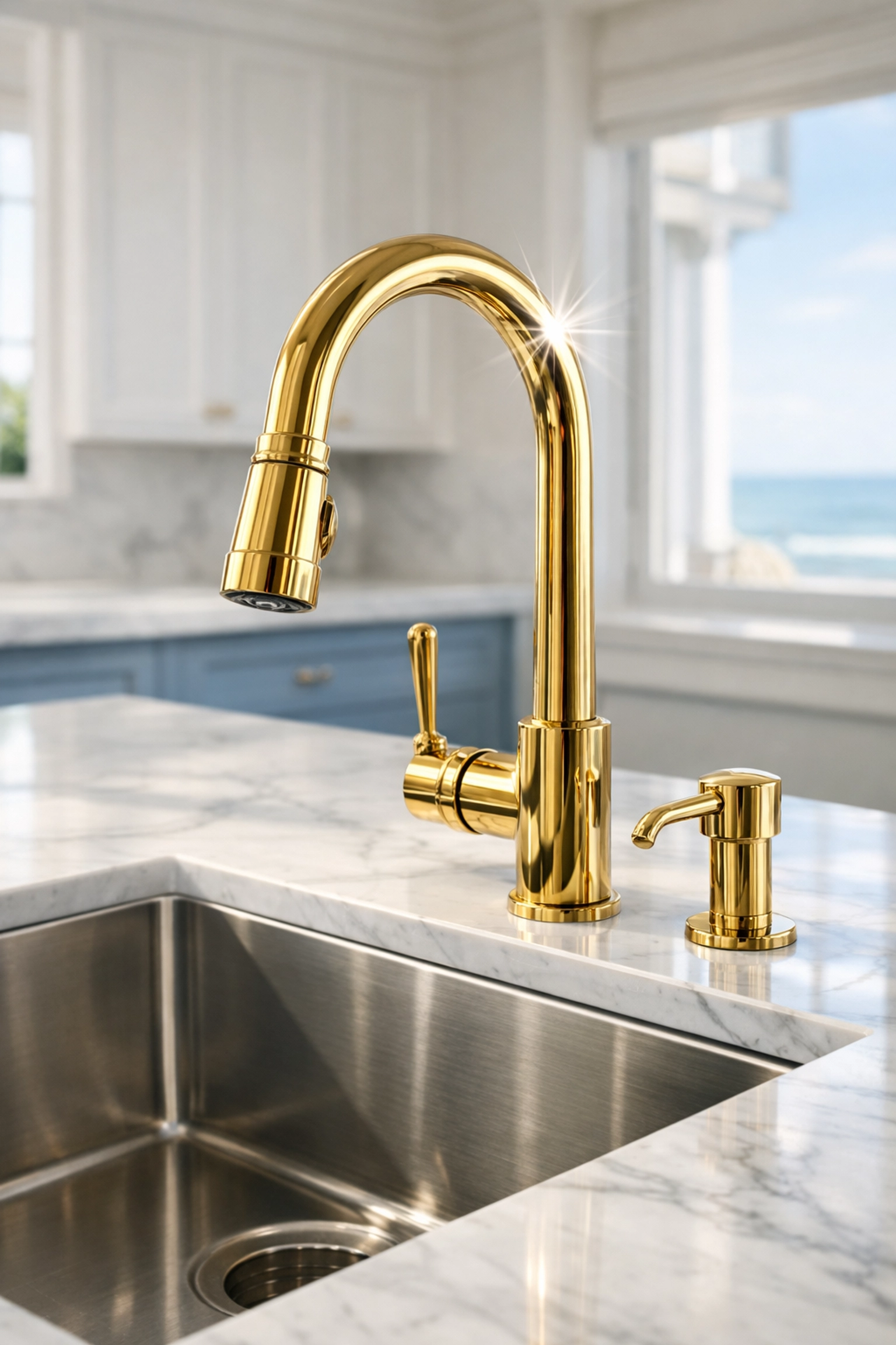 Salt-free polished brass faucet and marble counters in a Duxbury beach house kitchen.