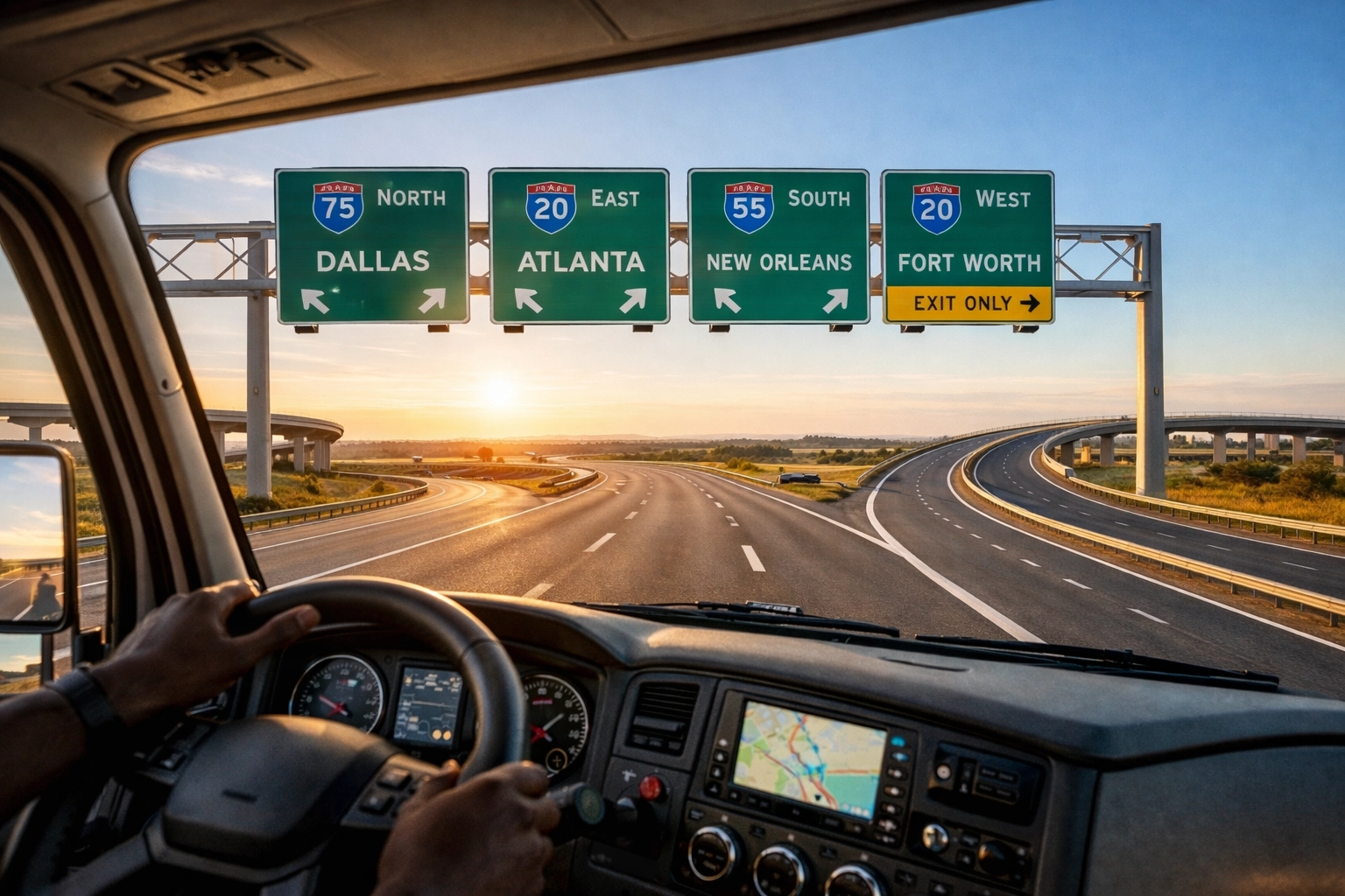 Open highway from truck driver perspective showing multiple route options for owner-operators