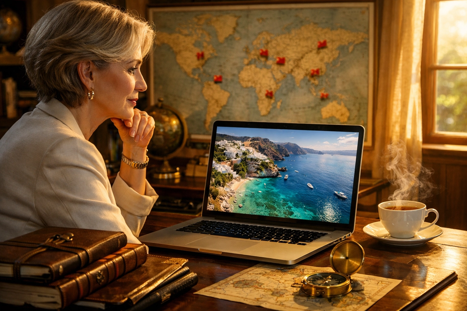 Professional woman over 50 working as a travel advisor, a flexible side hustle for retired women.