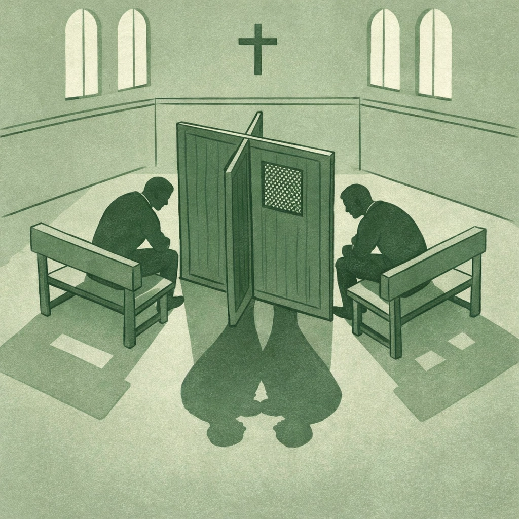 Two men separated by confession screen in prison chapel, shadows merging - gay romance and redemption