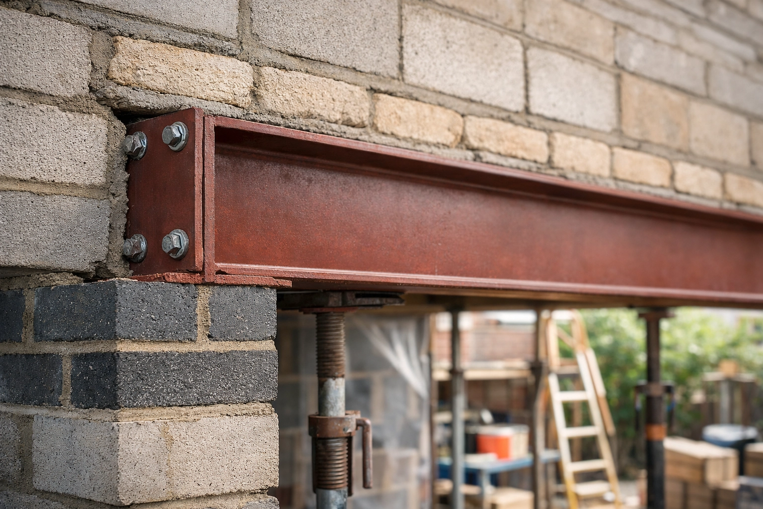 Structural steel RSJ beam installation for a professional home extension project in Hinckley.