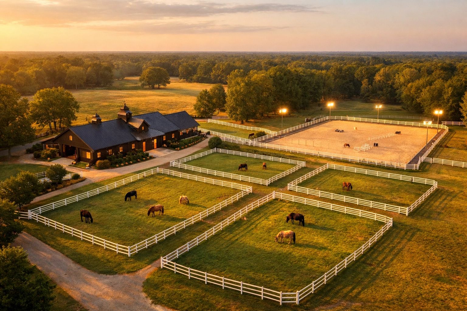 Aerial view of horse farm for sale in Waxhaw NC with barn, arena, and white-fenced pastures