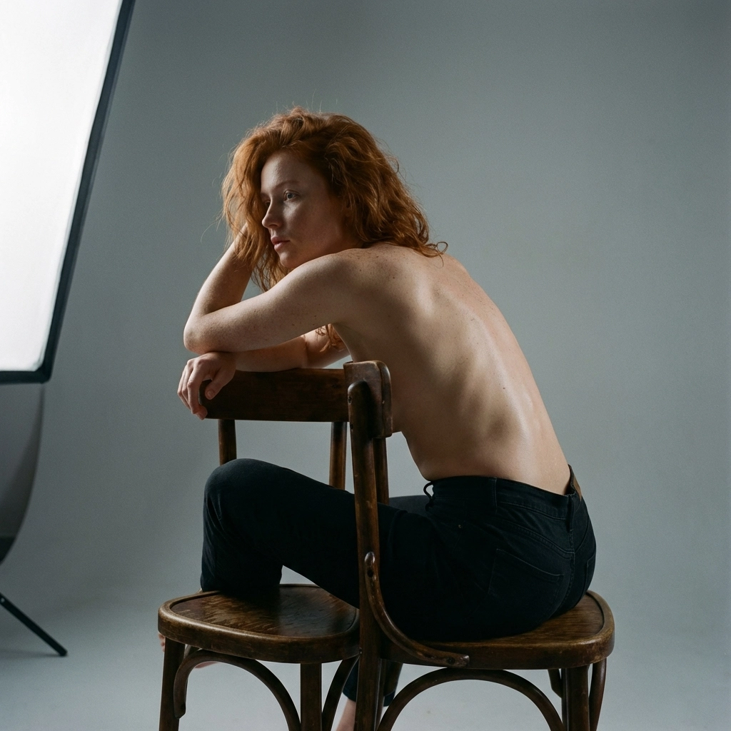 Fine art nude photography of a woman straddling a chair to emphasize her glutes and thighs.