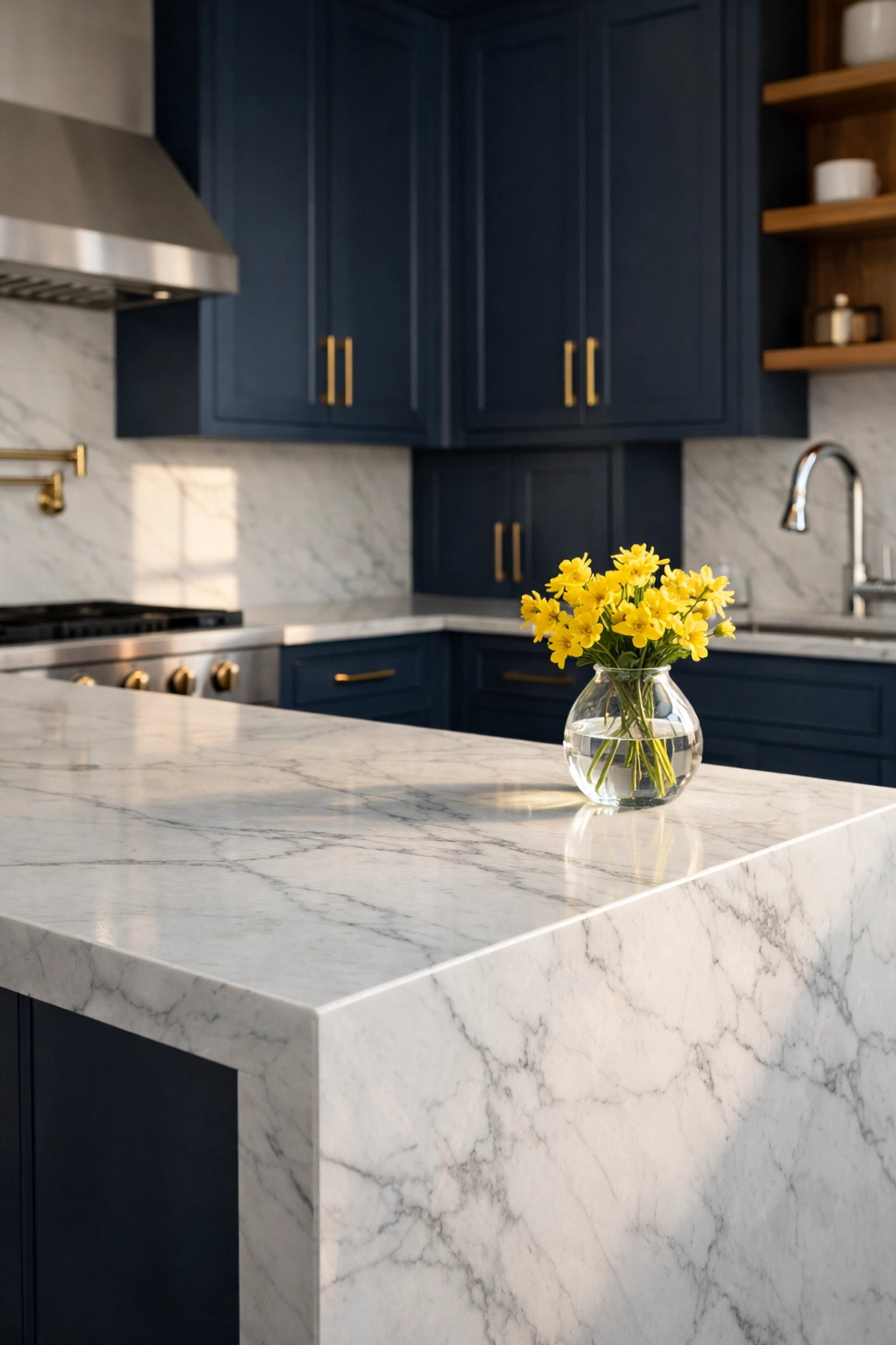 Pristine luxury kitchen in Natick MA featuring white marble countertops cleaned by professional house cleaners.