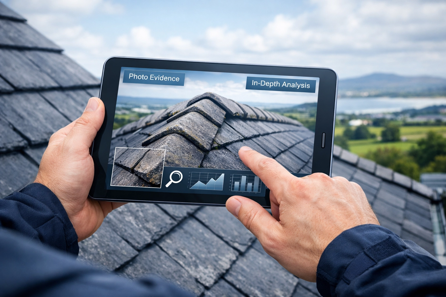 Roofing expert using a digital tablet to provide detailed photo evidence during a professional roof survey.
