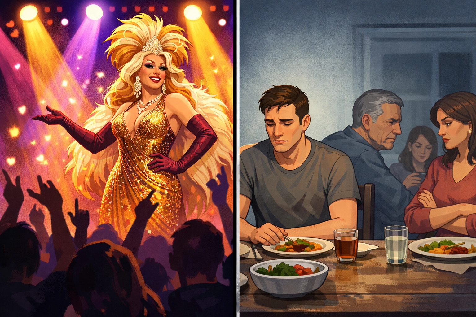 Drag performer confident on stage but isolated facing family judgment and misunderstanding