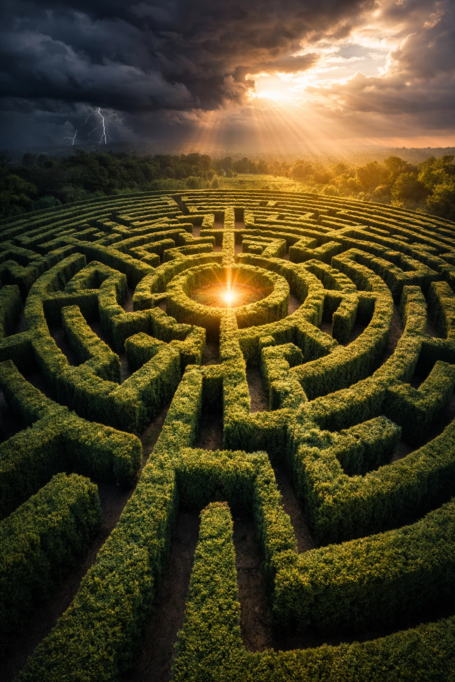 Aerial view of a hedge maze with glowing center, symbolizing navigating private equity diversification challenges