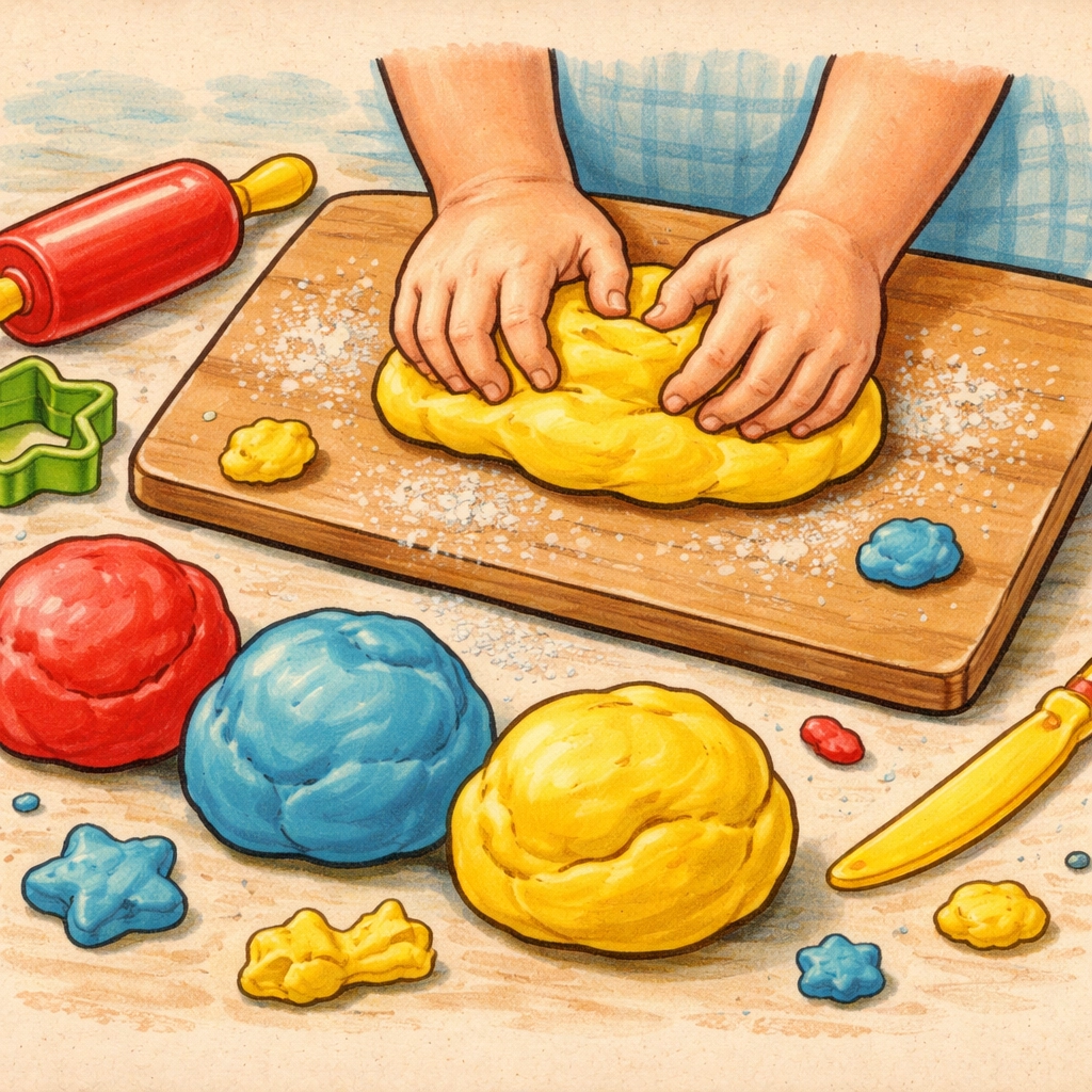 Small hands kneading colorful primary playdough balls on a cutting board as part of a kids' craft project