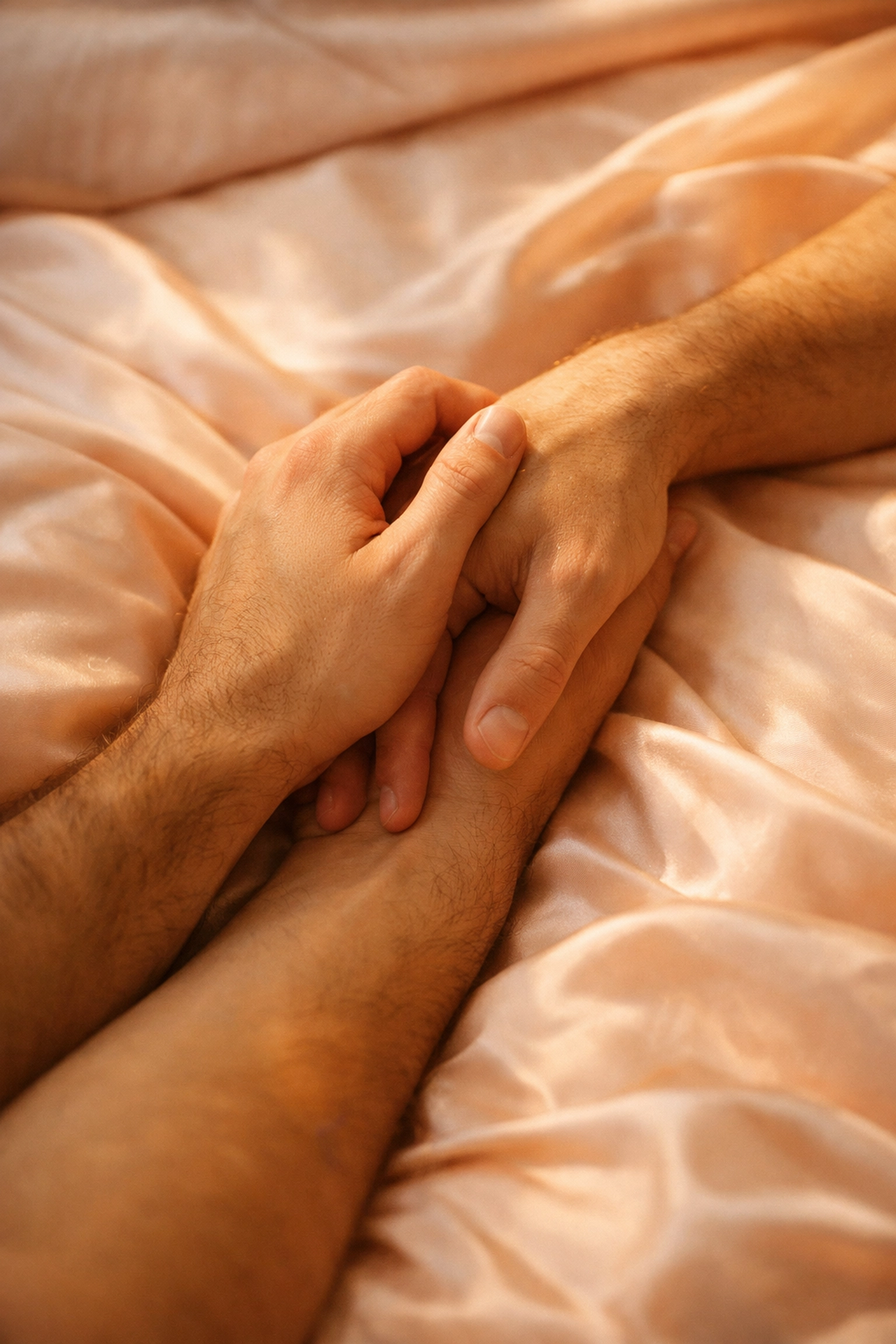 Gay couple's intertwined hands on bed representing physical intimacy and tender connection