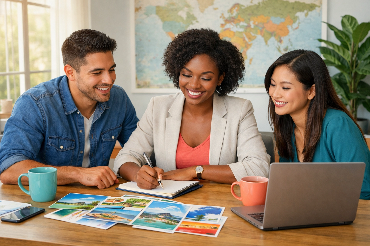 New travel agents collaborating on client acquisition strategies in a co-working space