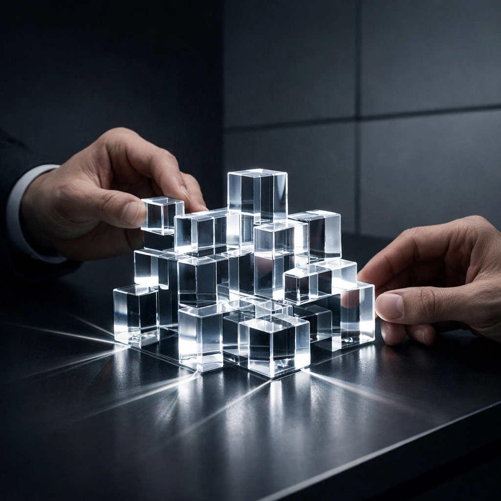 Hands adjusting a glowing puzzle symbolizing the precise calibration of industrial marketing automation systems.