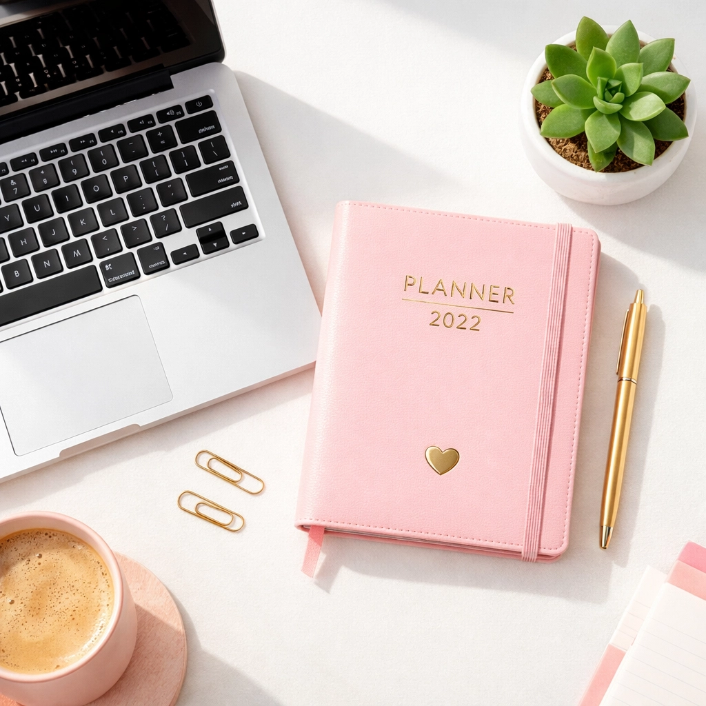 Organized workspace flat-lay with a laptop and planner, illustrating total business clarity and integration.